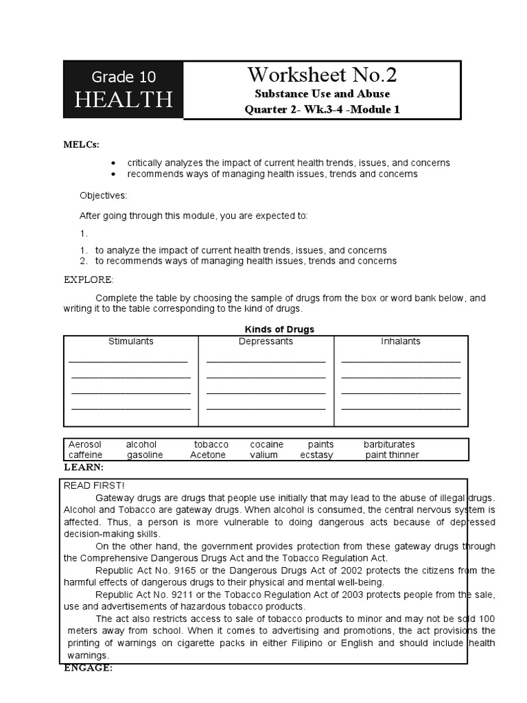 tobacco alcohol and other drugs prevention worksheet answers Matching Terms Health Life Skills Substance Abuse Prevention Template |