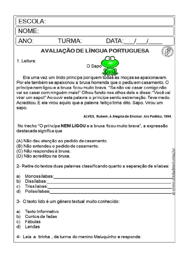 Avaliação de Língua Portuguesa - para 3º Ano-Desbloqueado | PDF