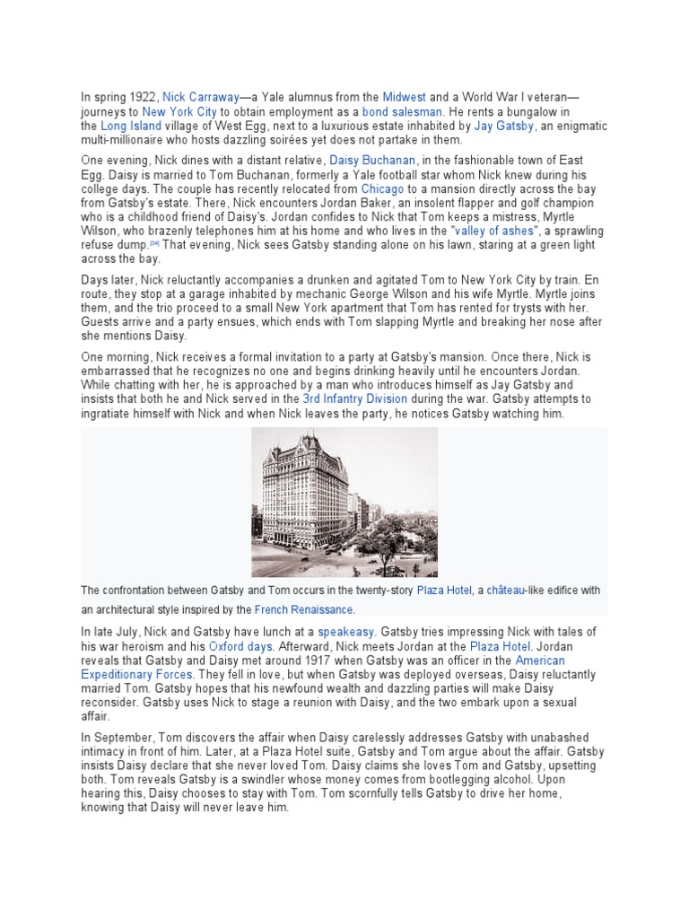 Nick Carraway Midwest New York City Bond Salesman Long Island Jay Gatsby Daisy Buchanan Chicago
