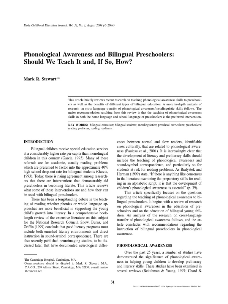 Phonological Awareness and Bilingual Preschoolers: Should We Teach It ...