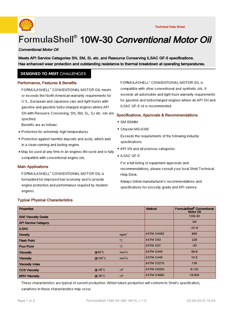 Formulashell 10W30 Conventional Motor Oil Performance, Features