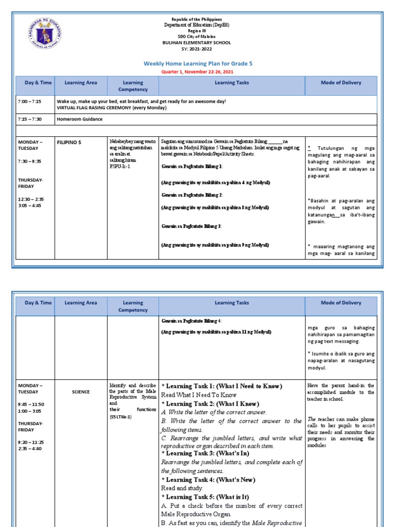 Grade 5 Weekly Learning Plan: Nov 2021 | PDF