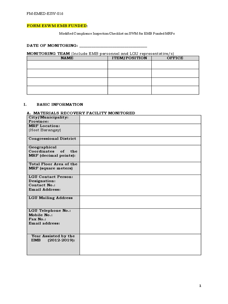 MRF Compliance Inspection Checklist | PDF | Recycling | Waste