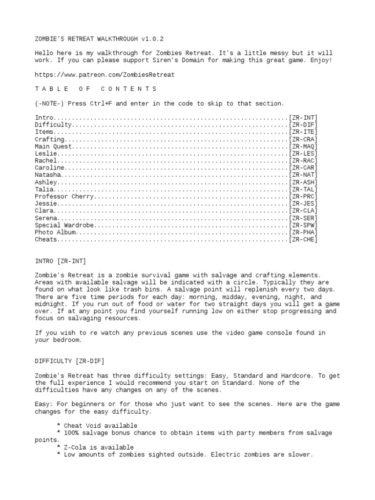 Zombie's Retreat Walkthrough v1.0.2 PDF Foods