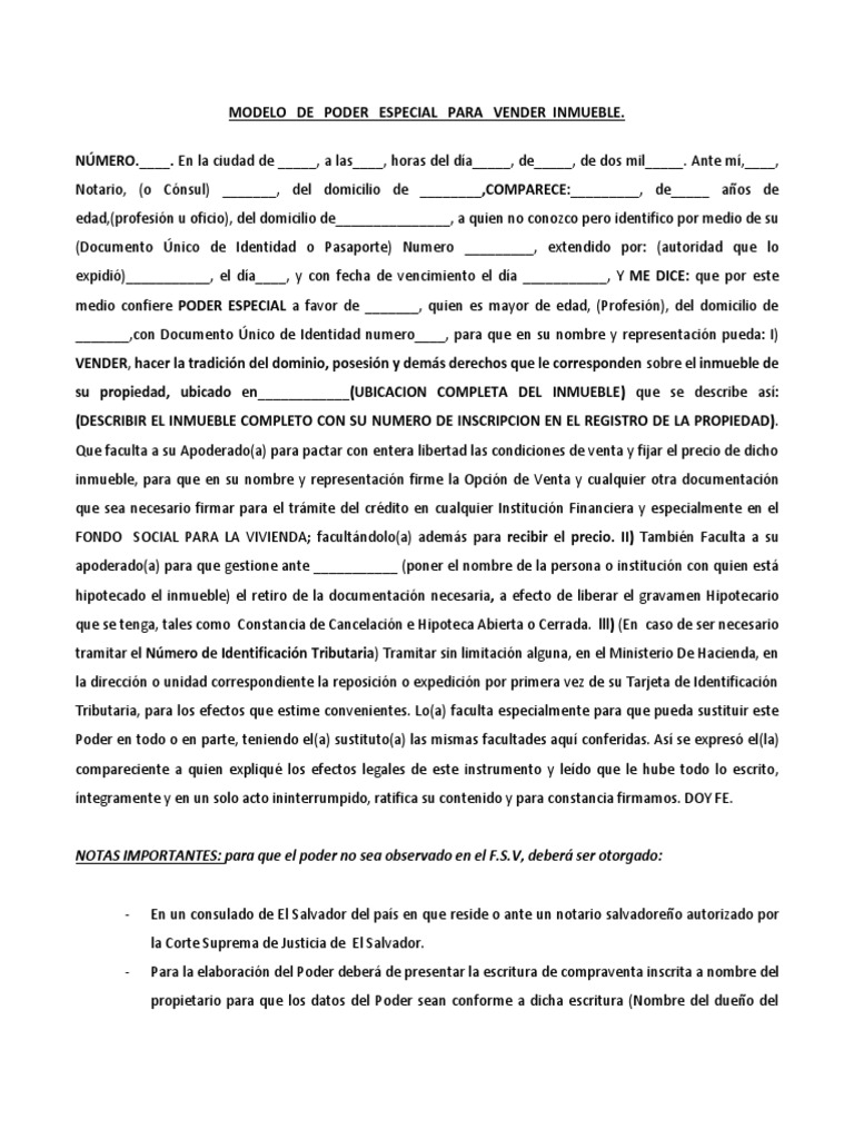 Poder Especial para Vender Inmueble en El Salvador | PDF | Hipoteca ...