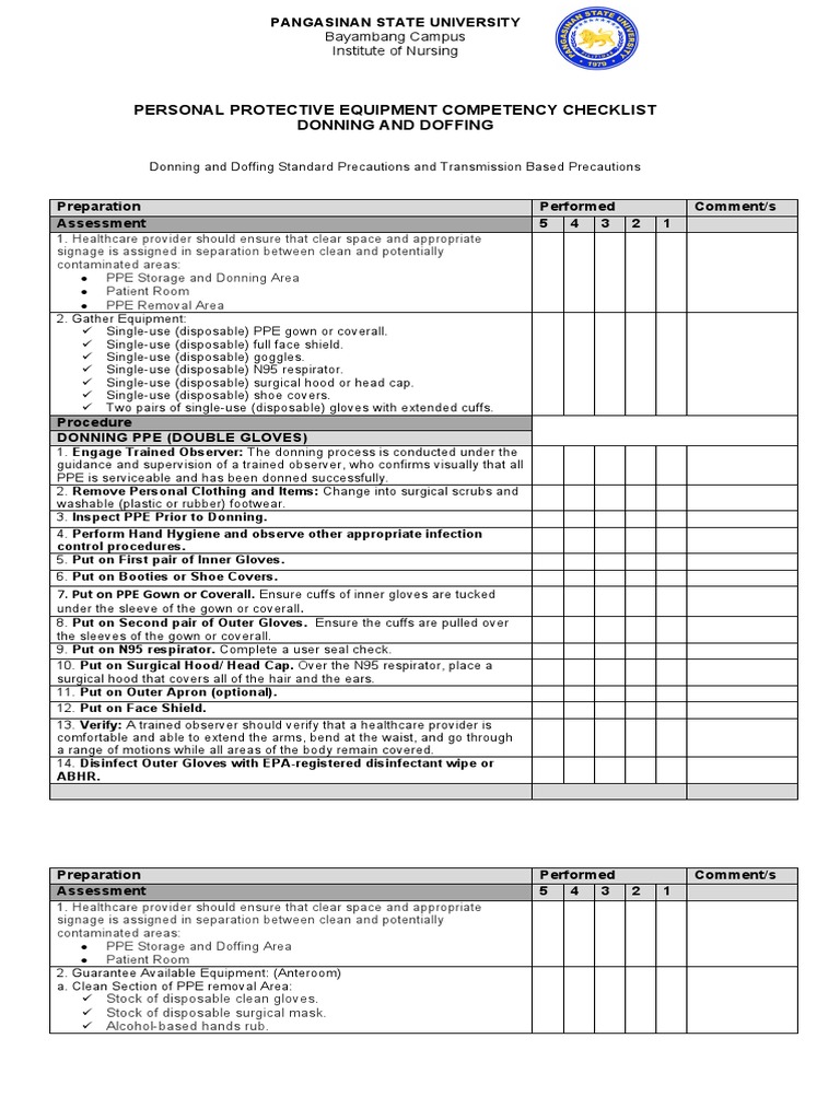 Personal Protective Equipment Competency Checklist Donning and Doffing ...