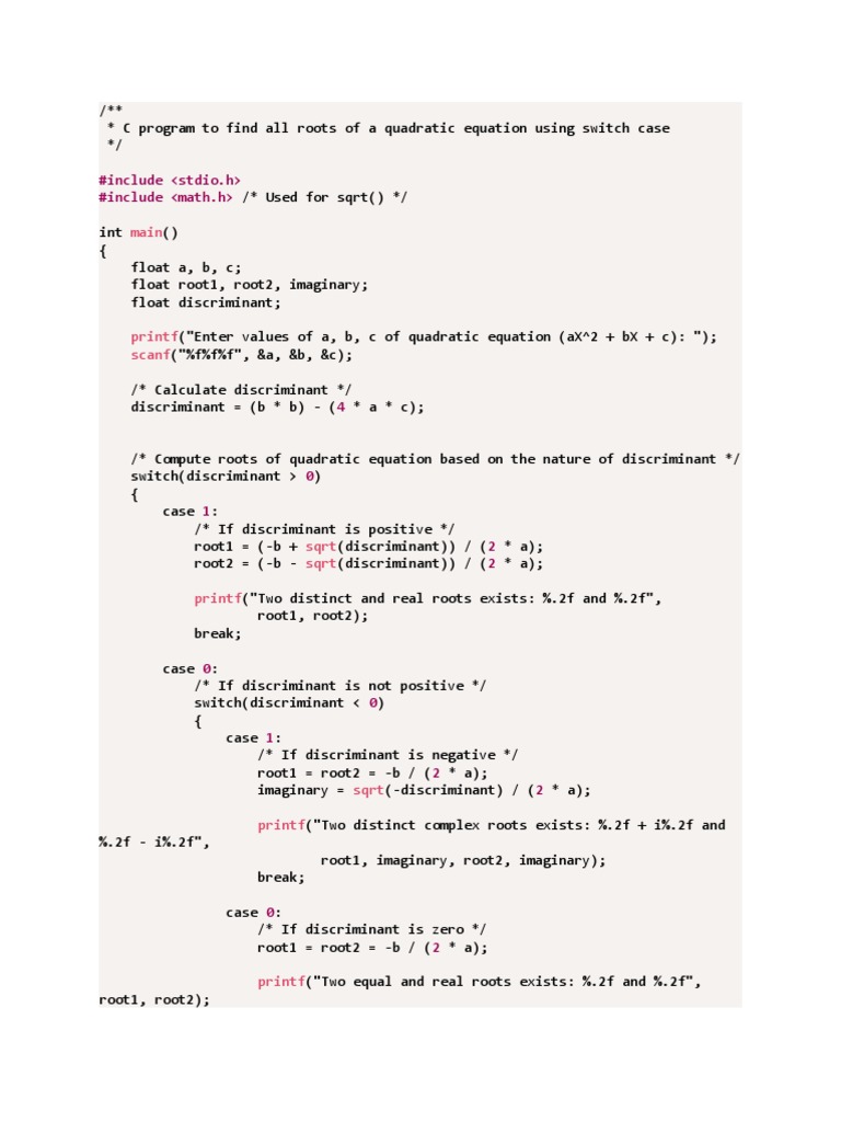 C Program To Find All Roots of A Quadratic Equation Using Switch Case | PDF