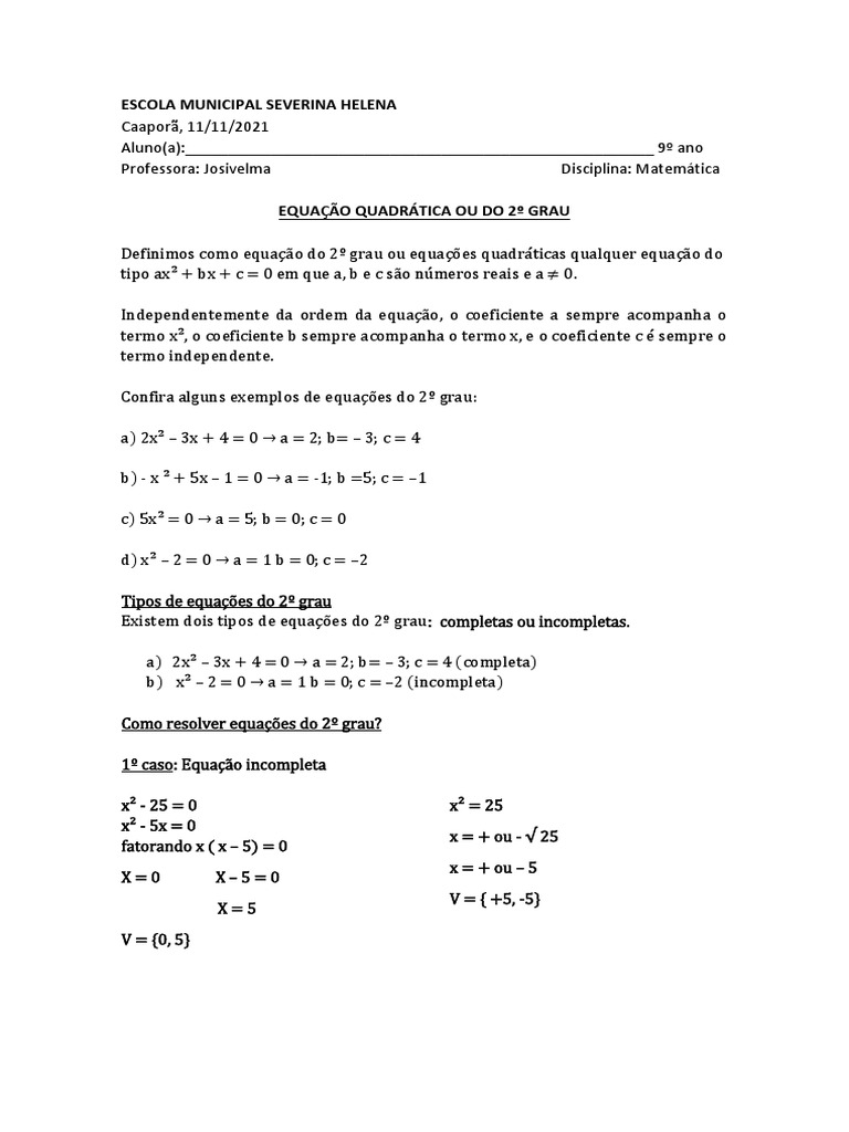 Exercícios de Equação do 2º Grau 9º Ano | PDF | Equações | Equação ...
