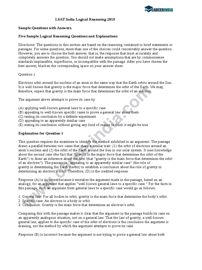 Lsat India Logical Reasoning Sample Questions With Anwers 2018 1201 ...
