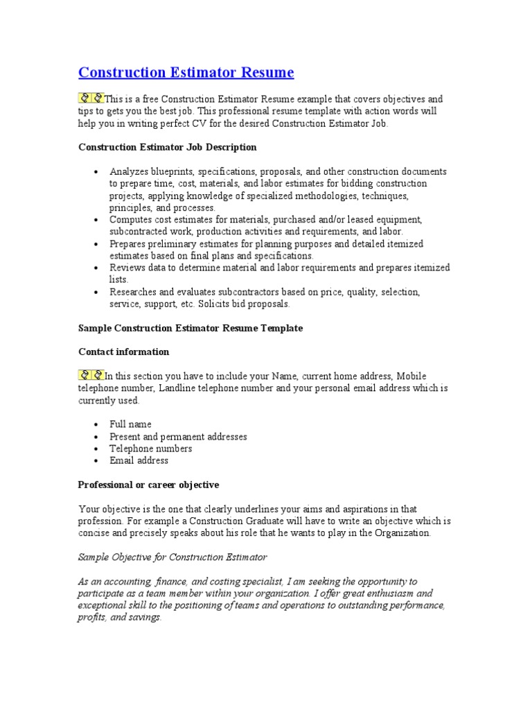 Construction Estimator Resume PDF Business Economies