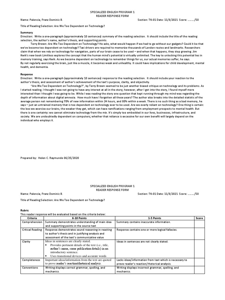 Reader Response: Technology Dependence | PDF | Memory | Rubric (Academic)