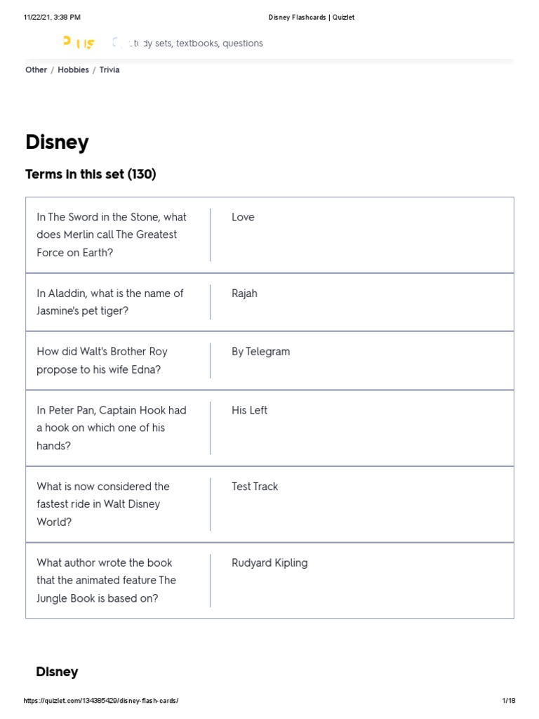 Disney Flashcards Quizlet PDF Walt Disney Disneyland