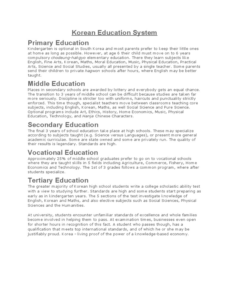 An Overview of the Korean Education System from Primary to Tertiary