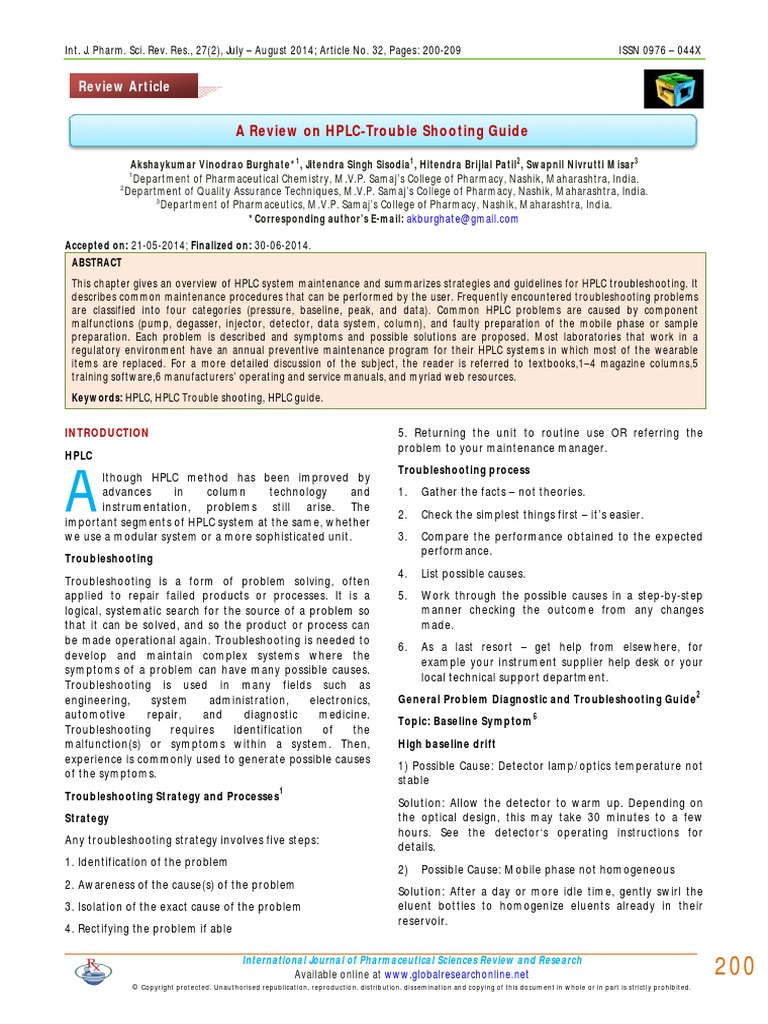 A Review On HPLCTrouble Shooting Guide PDF Troubleshooting
