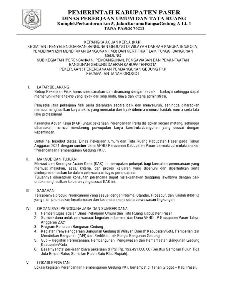 KAK Perencanaan Pembangunan Gedung PKK4 | PDF