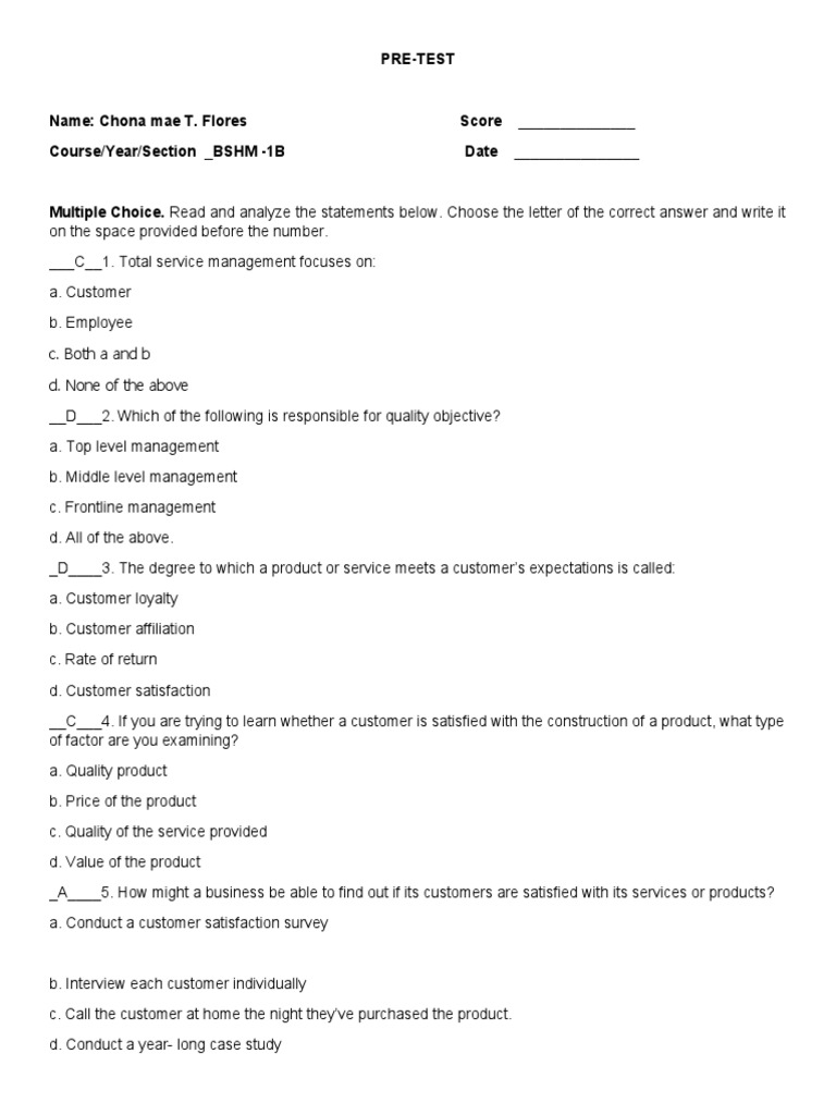 THC Answer Shett | PDF | Leadership | Customer Satisfaction