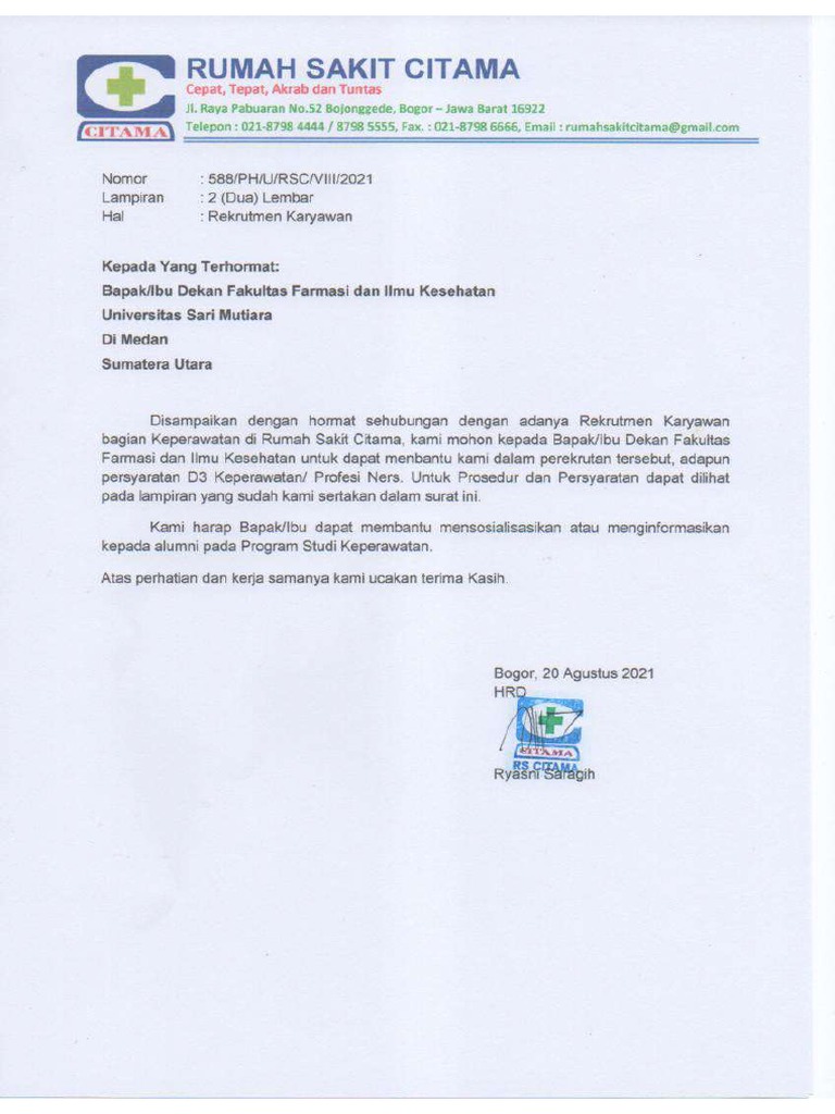 Surat Permohonan Rekrutmen Karyawan | PDF