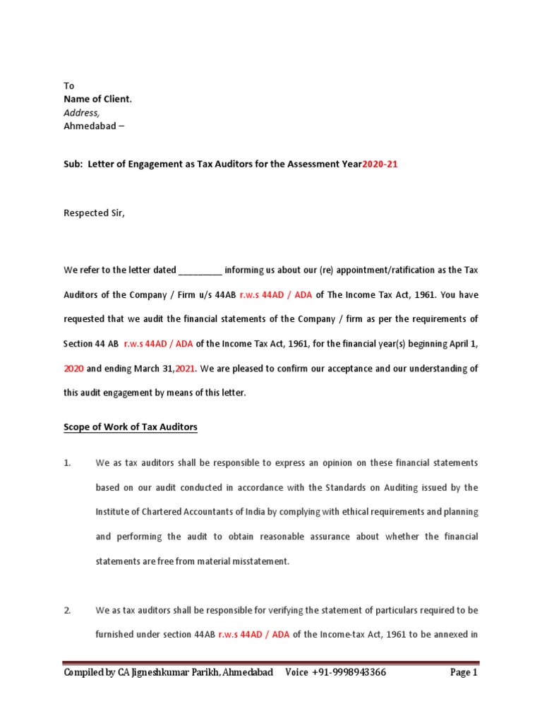 Engagement Letter and Notes To Tax Audit Report | PDF | Audit | Auditor ...