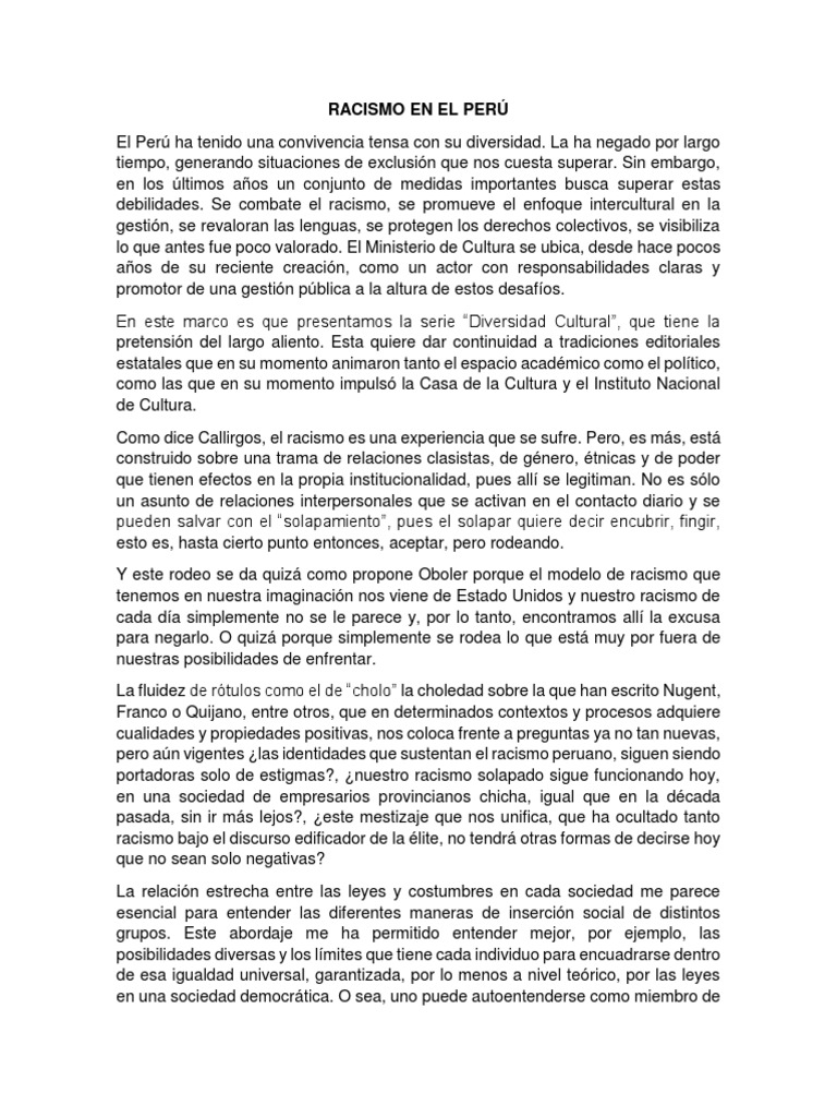Racismo y Diversidad Cultural en Perú | PDF | Racismo | Discriminación ...