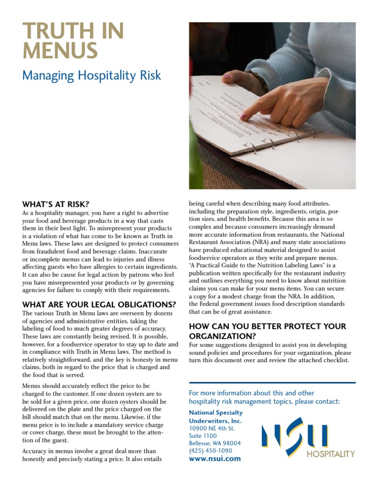 Truth in Menus PDF Menu Foodservice