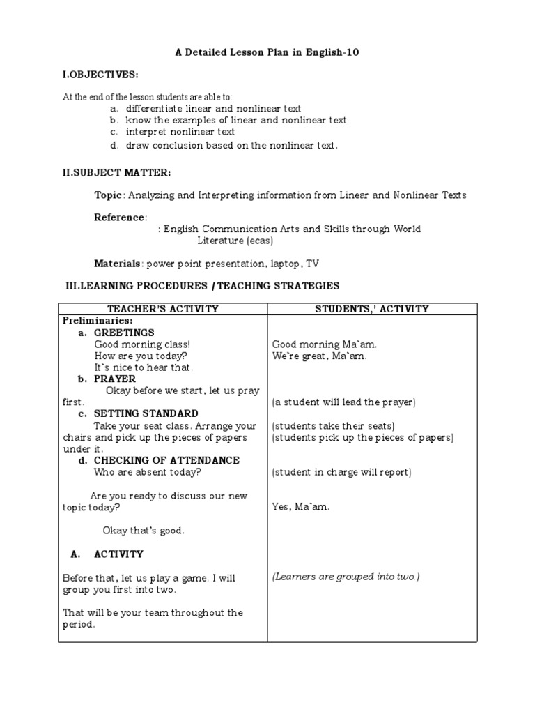 LP 4 Linear and Nonlinear Text | PDF | Lesson Plan | Cognition