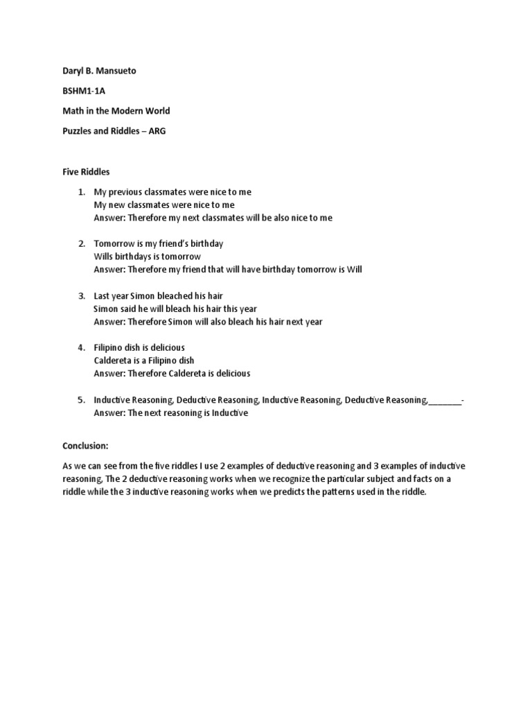 Riddles on Inductive & Deductive Reasoning | PDF