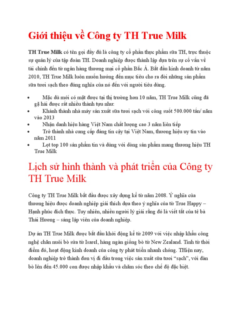 Y1- Trình Bày Tổng Quan Về Doanh Nghiệp Th True Milk | PDF