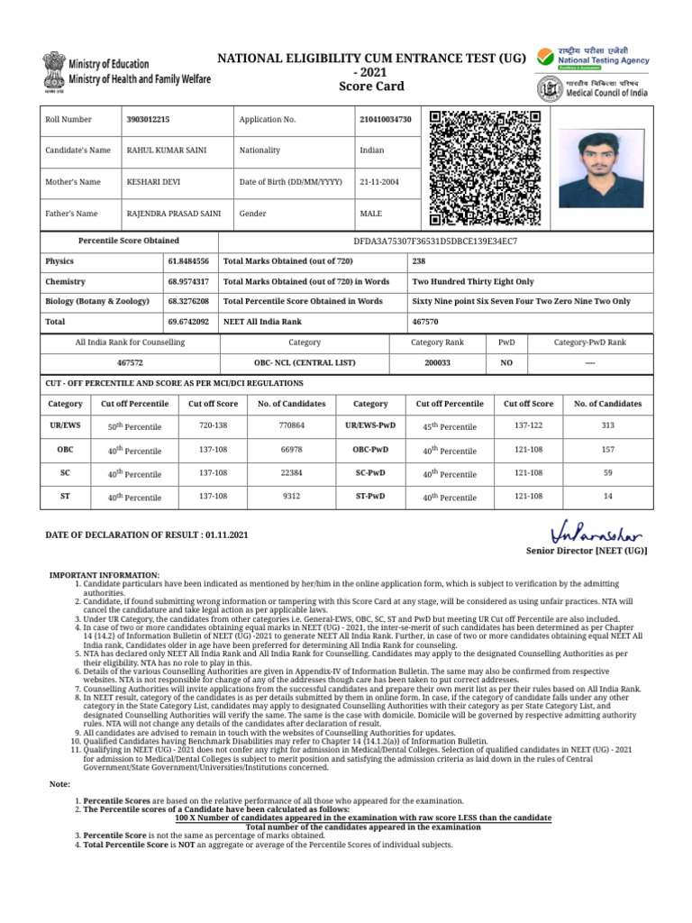 National Eligibility Cum Entrance Test (Ug) - 2021 Score Card  PDF