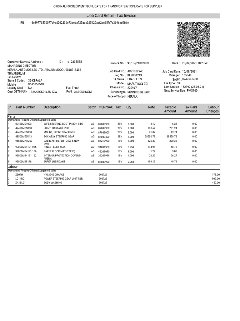ano Job Card Retail - Tax Invoice | PDF | Transport | Automotive