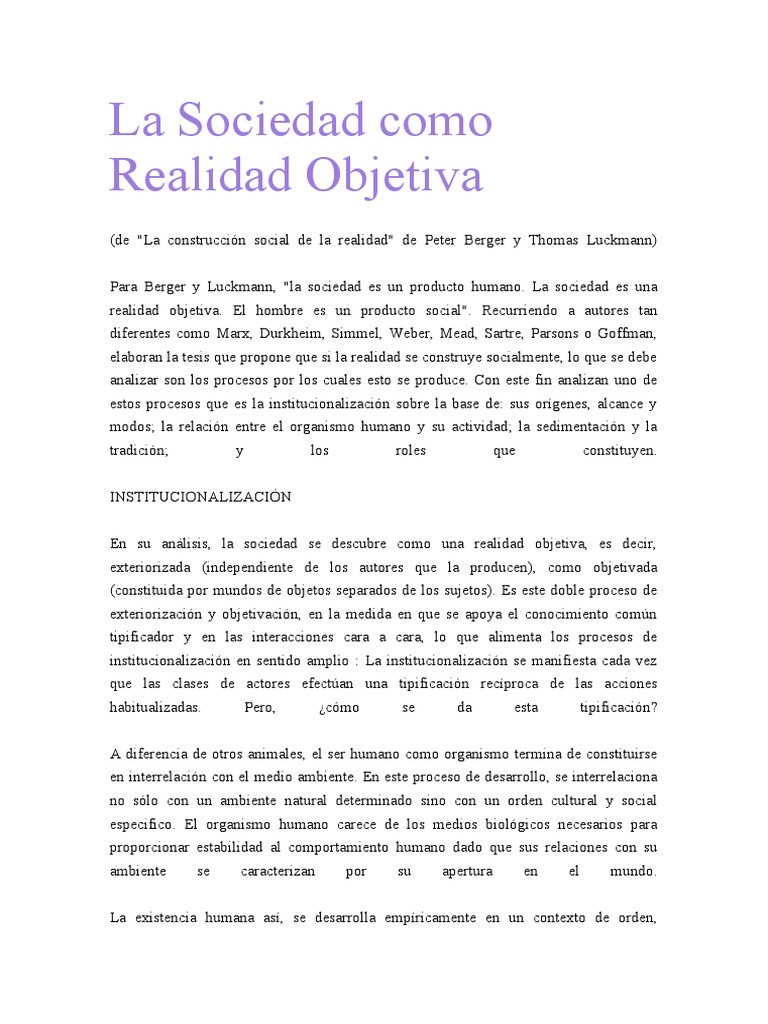 La Sociedad como Realidad Objetiva | PDF | Institución | Conocimiento