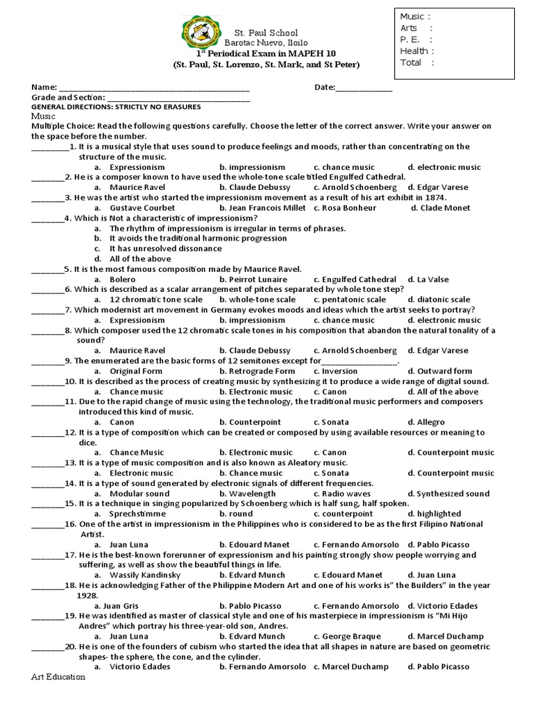An Analysis of a Music and Art Education Exam Document Representing