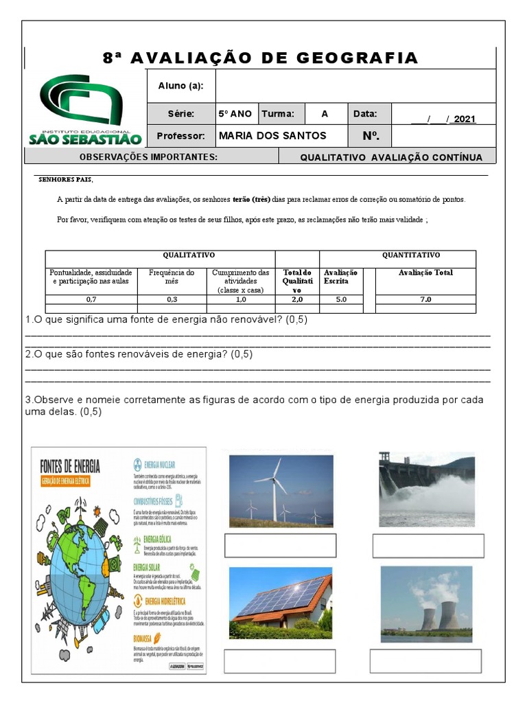 Avaliação de Geografia 5° Ano Mês de Novembro 2021 | PDF