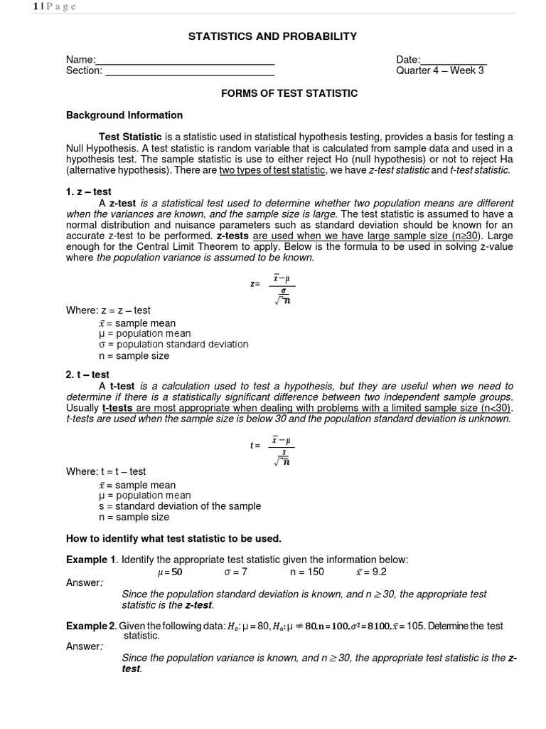 Statistics & Probability Q4 - Week 3-4 | PDF | Student's T Test |  Statistical Hypothesis Testing