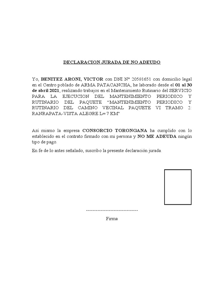 Declaracion Jurada de No Adeudo (2) (1) - Abril | PDF