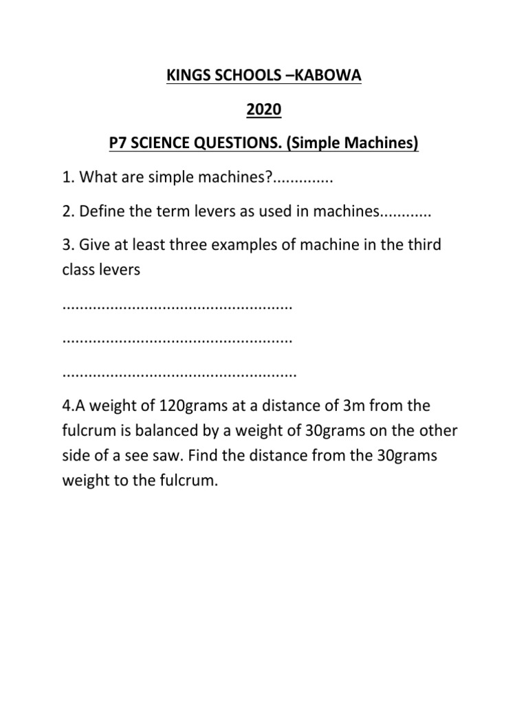 P7 Science Questions on Simple Machines | PDF