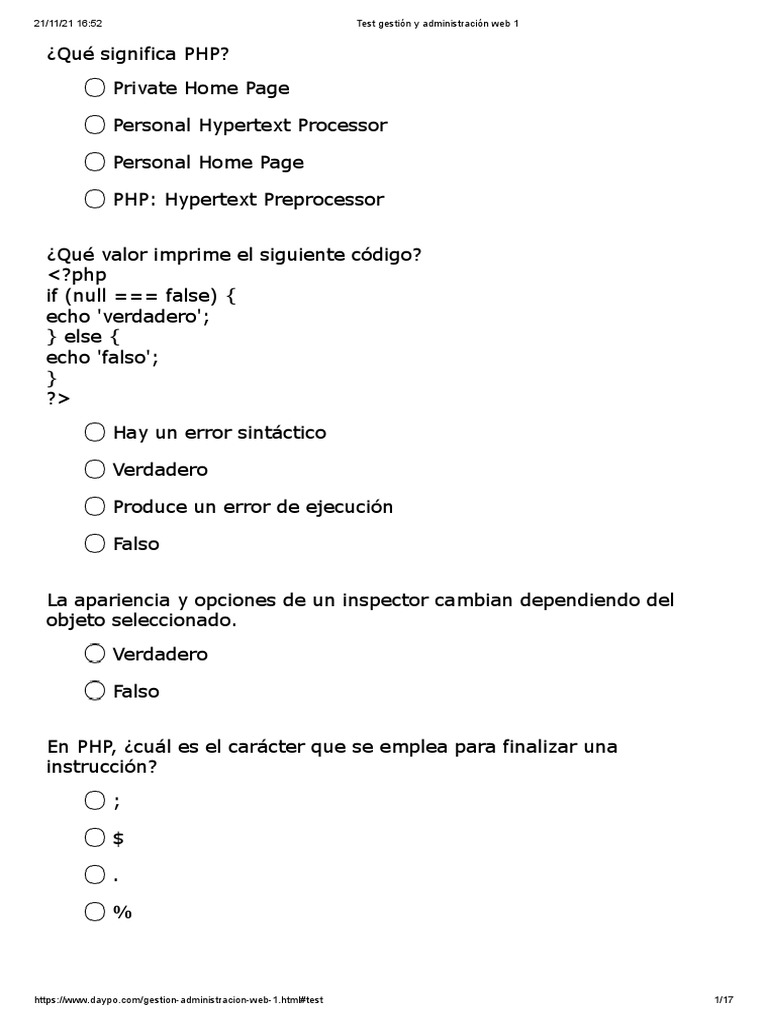 Test de PHP y administración web | PDF | Php | Internet y web