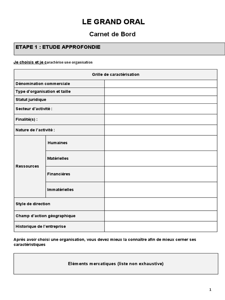 Tableau De Caracterisation Stmg Management Carnet de Bord Grand Oral STMG | PDF