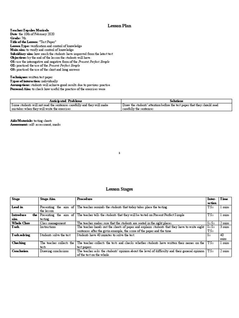 7th Grade Lesson Plan: Test Paper | PDF | Teachers | Lesson Plan