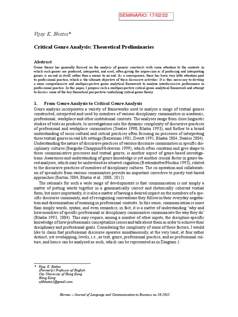 Critical Genre Analysis Theoretical Preliminaries Vijay K. Bhatia
