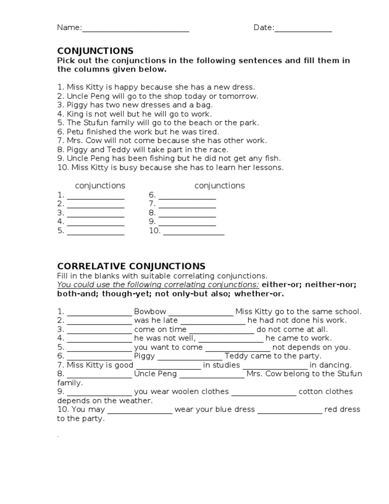 Identify Conjunctions Exercise Worksheet | PDF