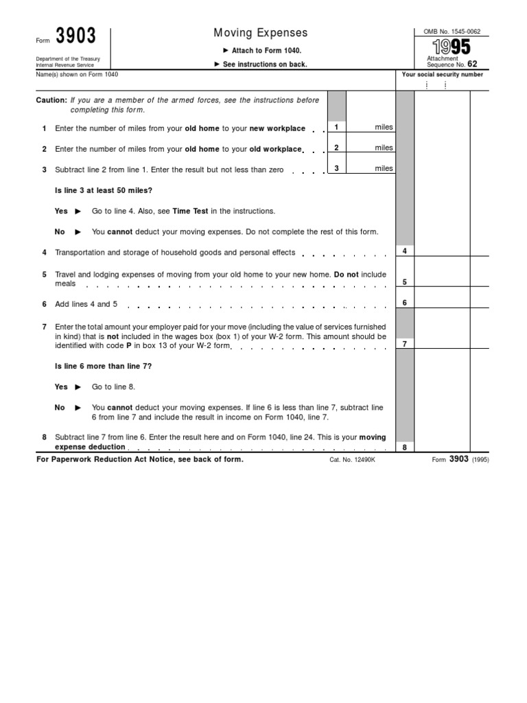 US Internal Revenue Service: f3903 - 1995 | PDF | Irs Tax Forms | Expense