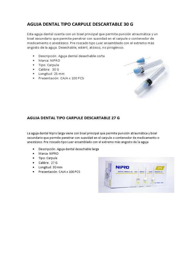 Ficha Tecnica Aguja Dental Tipo Carpule Descartable PDF
