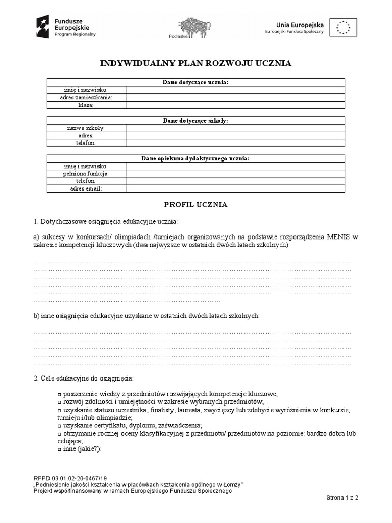 Plan Rozwoju Ucznia Na Najbliższy Rok W Przypadku Otrzymania Stypendium Indywidualny Plan Rozwoju Ucznia_wzór | PDF