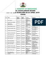 Federal Ministry of Education: Federal Scholarship Board List of Bea Scholars As at April 2019 China