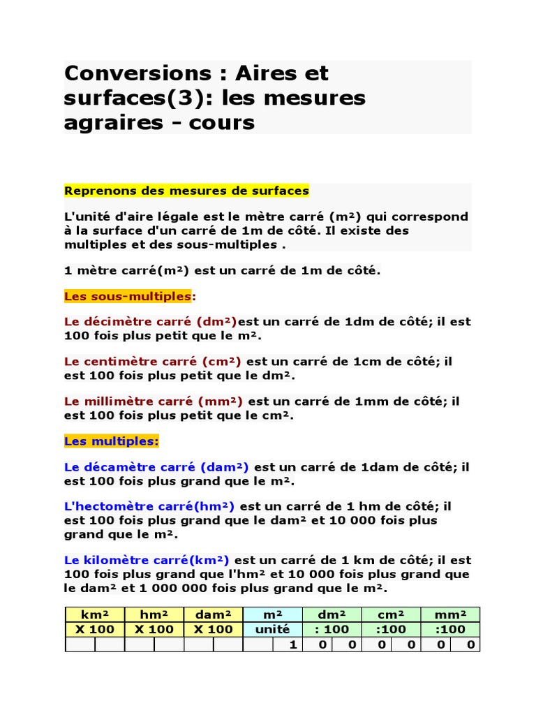 Conversion des aires et surfaces agraires | PDF | Notation ...