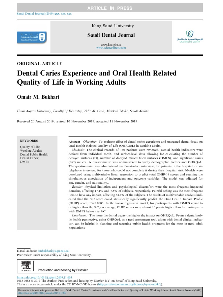 Impact of Dental Caries on OHRQoL in Adults | PDF | Dentistry ...