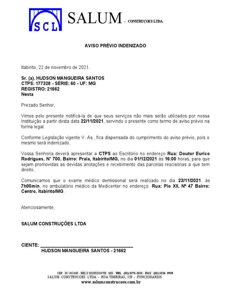 Modelo Aviso Previo Indenizado | PDF