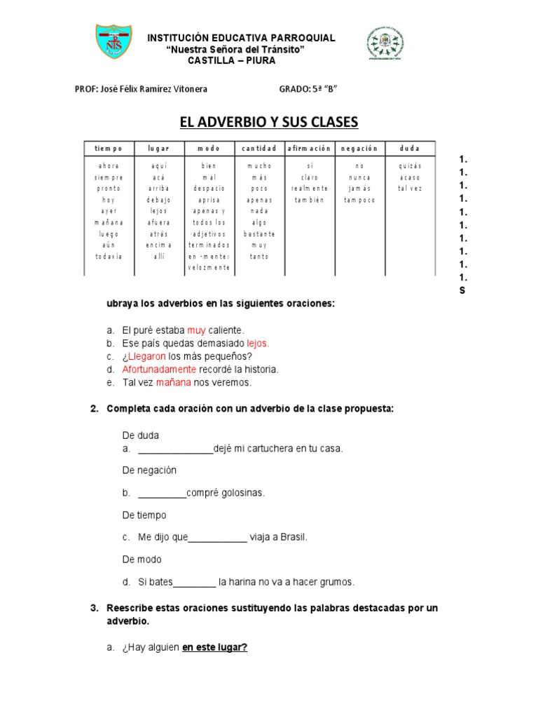 El Adverbio Ficha de Trabajo Tarewa 1 | PDF | Adverbio