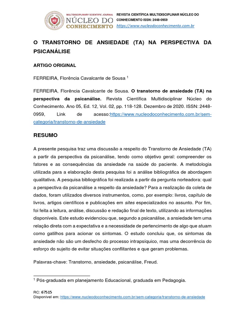 Psicanálise e Transtorno de Ansiedade | PDF | Ansiedade | Distúrbio mental