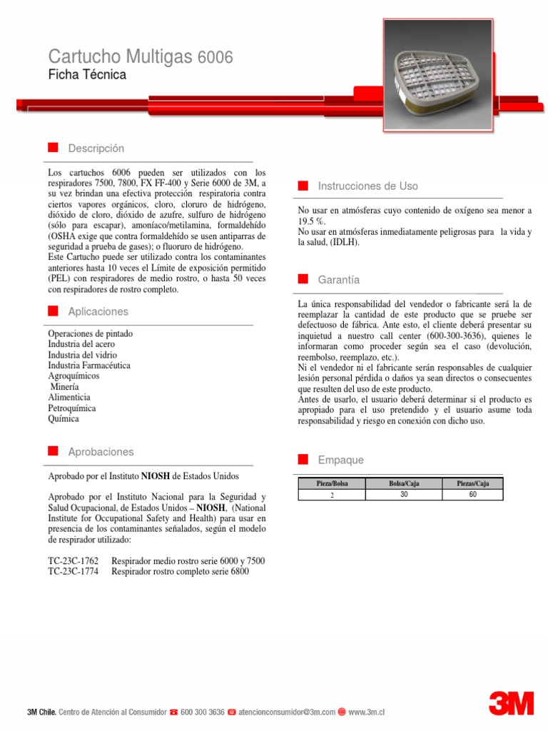 jurado Flotar declarar 3M Protección Respiratoria Reutilizable - Cartucho 6006 | PDF | Cloro |  Hidrógeno